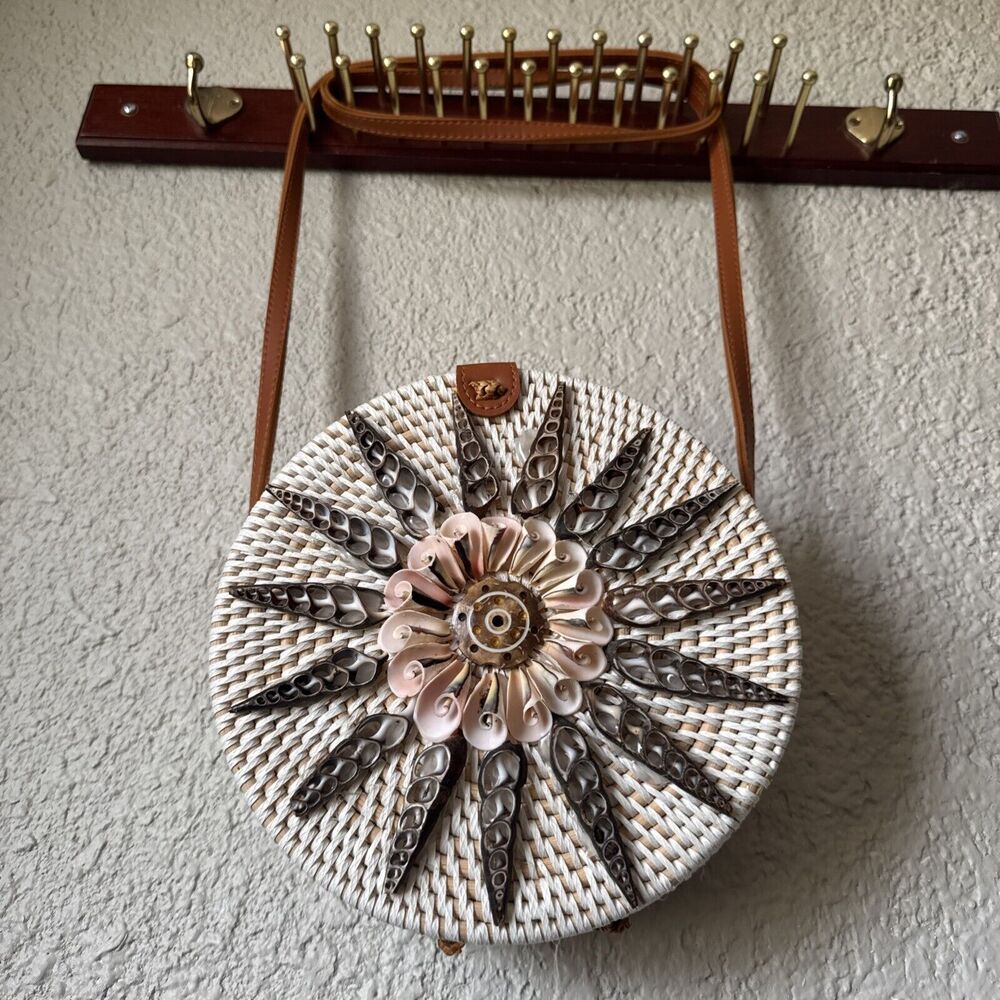 Round Cane Cross Body Shoulder Bag with Shells, Leather Strap & Snap Clo…
